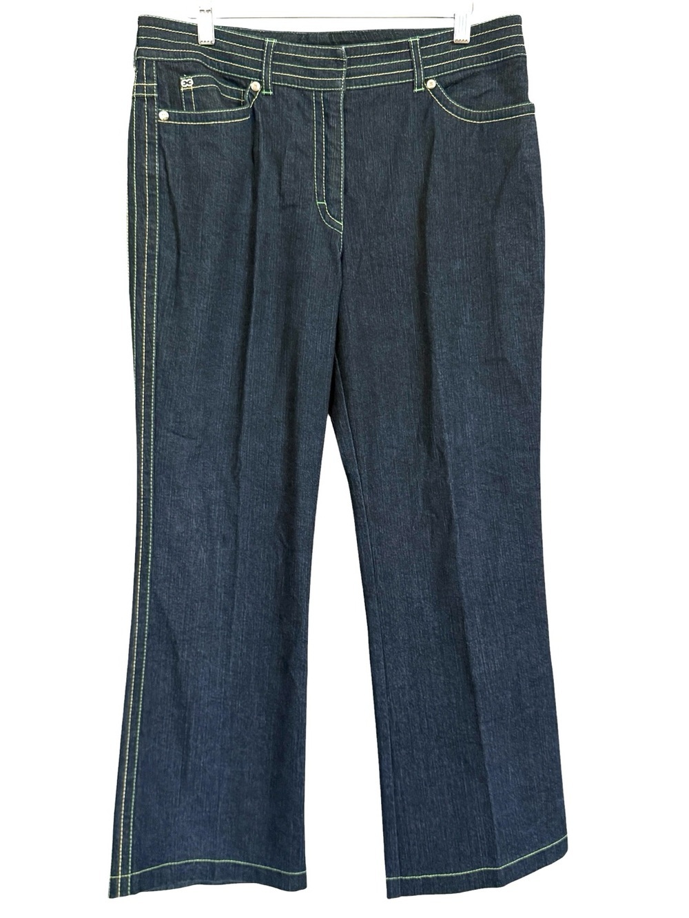Escada Dark Wash Wide Leg Cropped Jeans Green Stitching Women’s Size 42 (US 12)